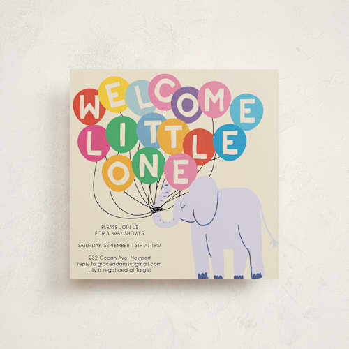 This is a cream baby shower invitations with standard by Harriet Richter called elephant parade printing on signature in standard