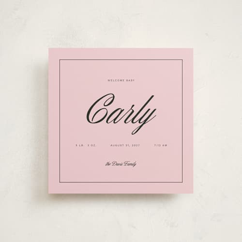 This is a petal birth announcements with standard by Jen Ramsey called baby time printing on signature in standard