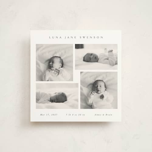 This is a milk birth announcements with standard by Dani Lugato called four photos printing on signature in standard