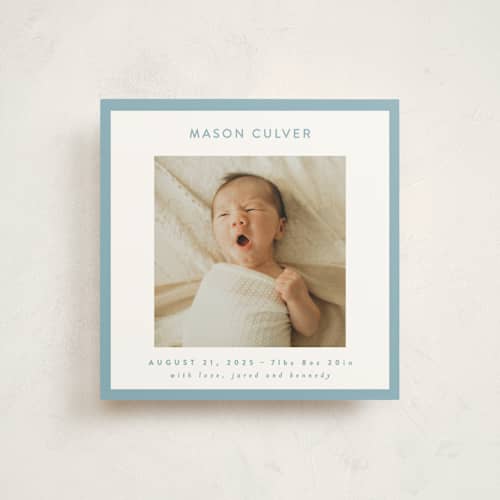 This is a sky birth announcements with standard by JoAnn Jinks called square printing on signature in standard