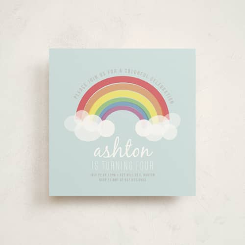 This is a soft teal kids birthday invitations with standard by Angela Garrick called rainbow celebration printing on signature in standard