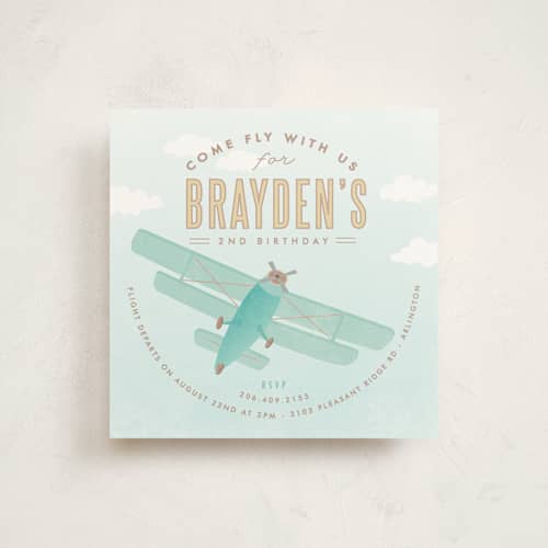 This is a teal kids birthday invitations with standard by Karidy Walker called come fly with us printing on signature in standard