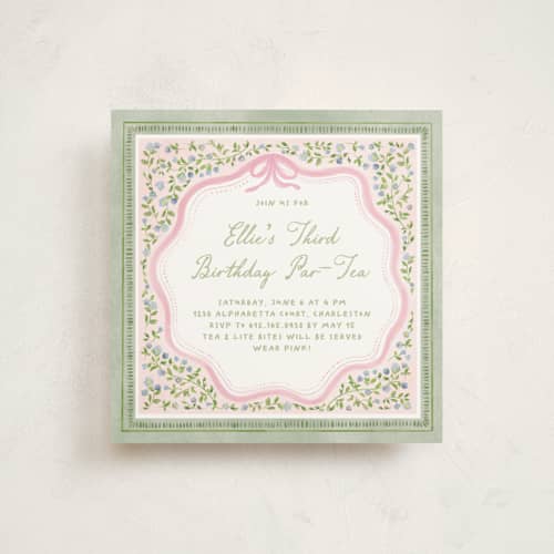 This is a garden glory kids birthday invitations with standard by Creo Study called birthday par-tea printing on signature in standard