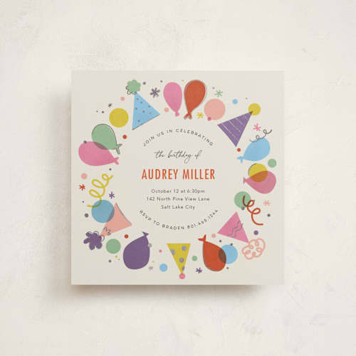 This is a candy holiday party invitations with foil pressed by Stephanie Hawkes called party ring printing on signature in standard