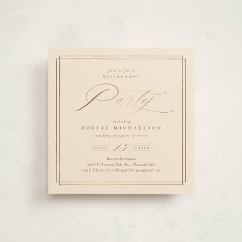 This is a ecru holiday party invitations with foil pressed by Kamala Nahas called classic celebration printing on signature in standard