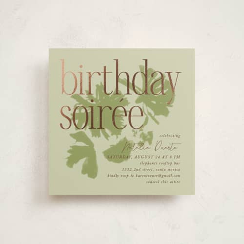 This is a tappenade holiday party invitations with foil pressed by Kamala Nahas called birthday soiree printing on signature in standard