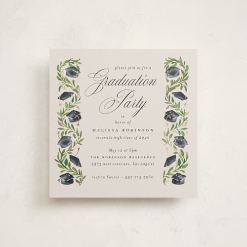 This is a neutral graduation invitations with foil pressed by Claudia Orengo called hats off printing on signature in standard