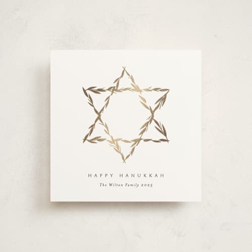 This is a ink hanukkah cards with foil pressed by Becky Nimoy called star of leaves printing on signature in standard