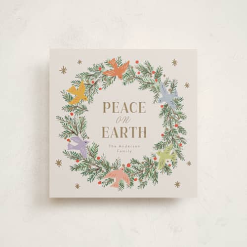 This is a gingerbread non photo holiday cards with standard by Cass Loh called peace dove pine wreath printing on signature in standard