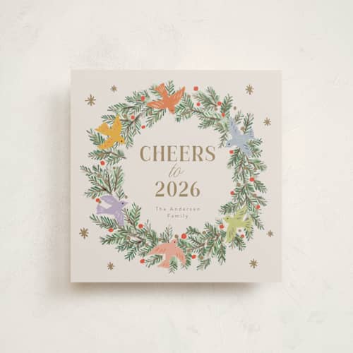 This is a gingerbread non photo holiday cards with standard by Cass Loh called peace dove pine wreath printing on signature in standard