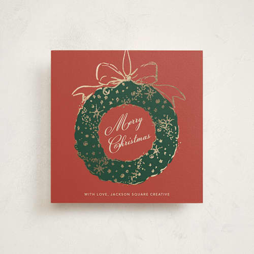 This is a berries foil pressed holiday cards with foil pressed by Cass Loh called gilded holiday wreath printing on signature in square