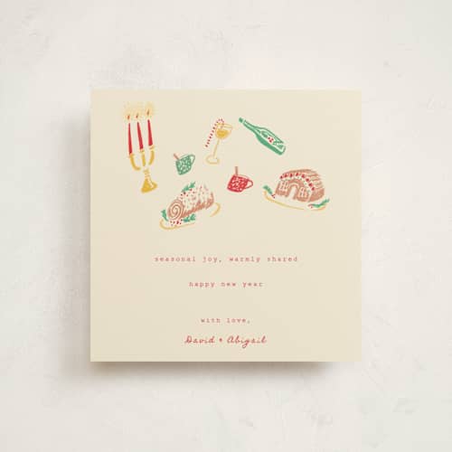 This is a champagne holiday photo cards with standard by Sarah Rosenthal called seasonal joy printing on signature in square