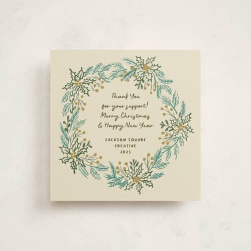 This is a butterscotch holiday photo cards with standard by Kanika Mathur called sketched wreath printing on signature in square