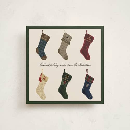 This is a pine holiday photo cards with standard by Jenna Holcomb called stockings printing on signature in square