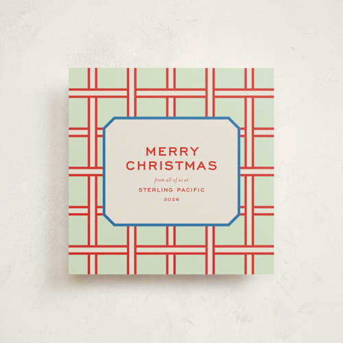 This is a mint holiday photo cards with standard by Megan Davis called basketweave printing on signature in square