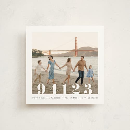 This is a linen moving announcements with standard by Ashley Cuccio called malibu dreams printing on signature in standard