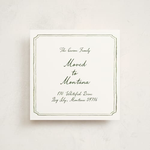 This is a moss moving announcements with standard by Cass Loh called handwritten printing on signature in standard