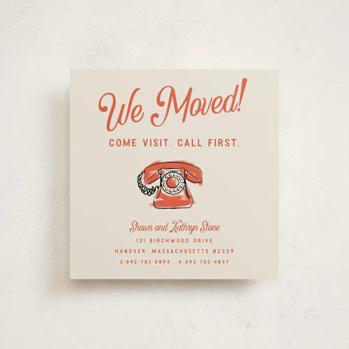 This is a persimmon moving announcements with standard by Paula Pecevich called come visit. call first. printing on signature in standard