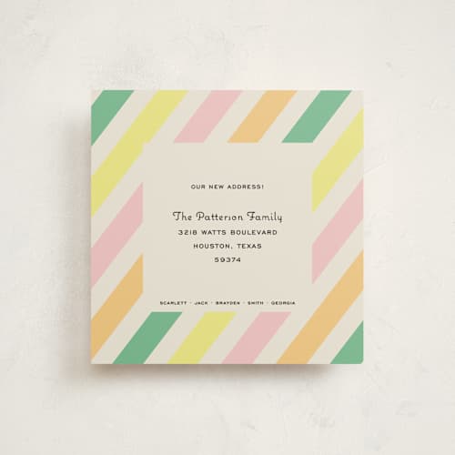 This is a candy stripes moving announcements with standard by Megan Davis called coquette printing on signature in standard