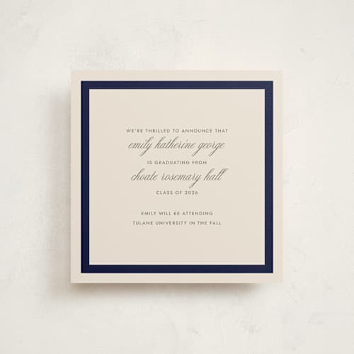 This is a navy graduation announcements with standard by Megan Davis called montauk printing on signature in standard