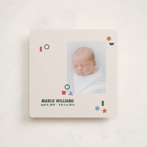 This is a forest birth announcements with standard by Tamara Hilje called geometric printing on recycled smooth signature in standard