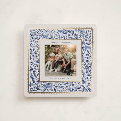 This is a porcelain foil pressed holiday cards with foil pressed by Elly called a peaceful winter printing on recycled smooth signature in square