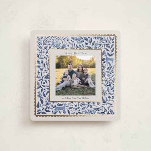 This is a porcelain foil pressed holiday cards with foil pressed by Elly called a peaceful winter printing on recycled smooth signature in square