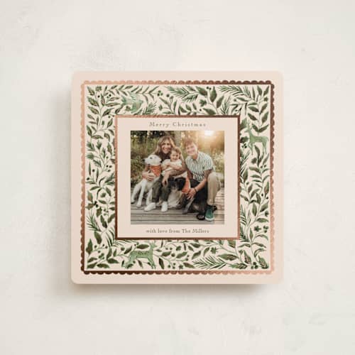 This is a olive foil pressed holiday cards with foil pressed by Elly called a peaceful winter printing on recycled smooth signature in square