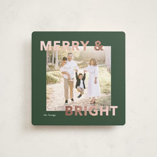 This is a juniper foil pressed holiday cards with foil pressed by Angela Thompson called merry bright printing on recycled smooth signature in square