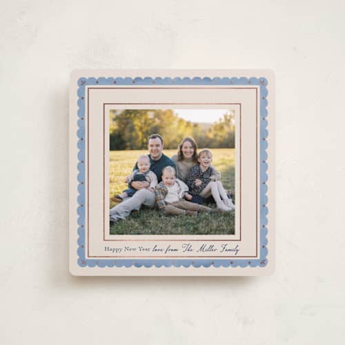 This is a sky foil pressed holiday cards with foil pressed by Elly called modern cottage printing on recycled smooth signature in square