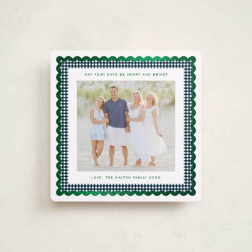 This is a navy foil pressed holiday cards with foil pressed by Erin German called gingham fun printing on recycled smooth signature in square