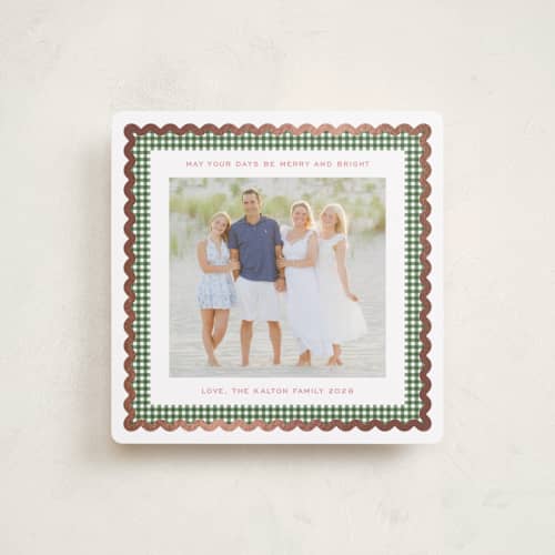 This is a candy foil pressed holiday cards with foil pressed by Erin German called gingham fun printing on recycled smooth signature in square