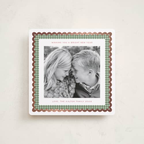 This is a candy foil pressed holiday cards with foil pressed by Erin German called gingham fun printing on recycled smooth signature in square