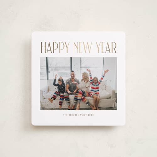 This is a snow foil pressed holiday cards with foil pressed by Angela Garrick called simple printing on recycled smooth signature in square