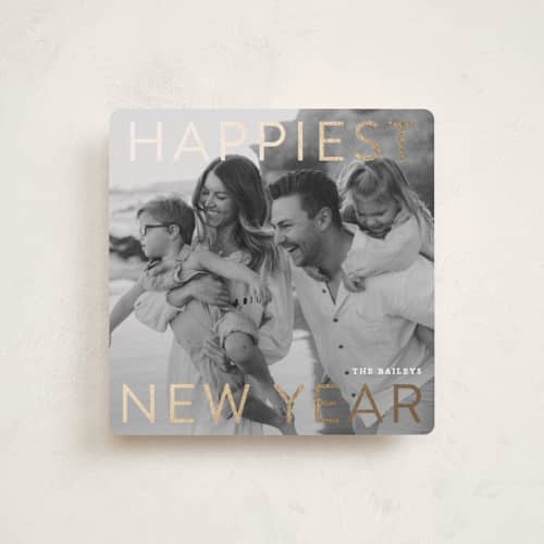 This is a snowfall foil pressed holiday cards with foil pressed by Angela Thompson called gilded type printing on recycled smooth signature in square