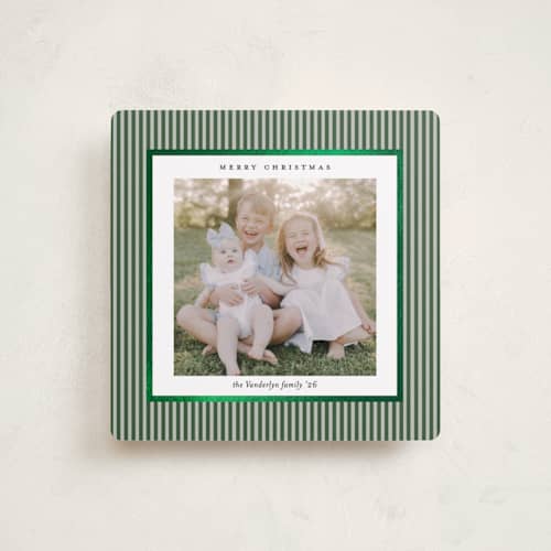 This is a pine needle foil pressed holiday cards with foil pressed by Lucrecia Caporale called striped frame printing on recycled smooth signature in square