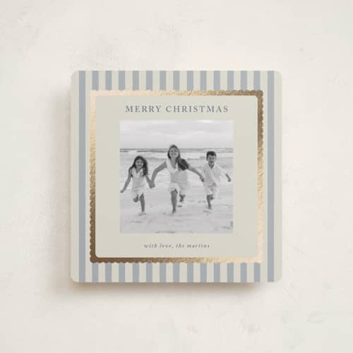 This is a wintermint foil pressed holiday cards with foil pressed by Stephanie Heinrich Godbout called coastal stripe printing on recycled smooth signature in square