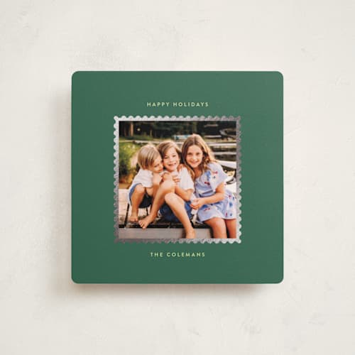 This is a evergreen foil pressed holiday cards with foil pressed by Leia Matt called wavy stamp printing on recycled smooth signature in square