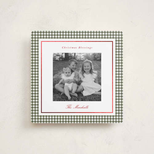 This is a pine foil pressed holiday cards with foil pressed by Angela Garrick called gingham and foil printing on recycled smooth signature in square