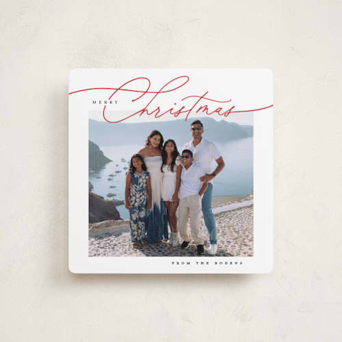 This is a holly berry holiday photo cards with standard by Susan Zinader called a simple script printing on recycled smooth signature in square