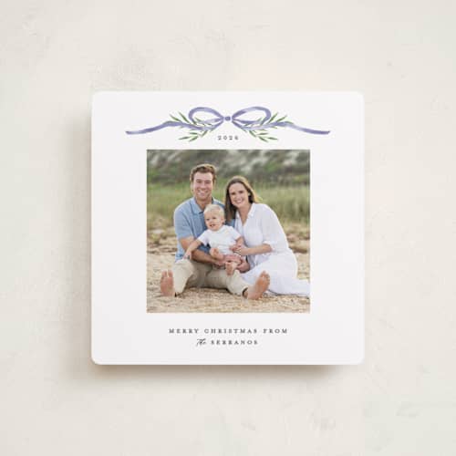 This is a french blue holiday photo cards with standard by Susan Zinader called bow topper printing on recycled smooth signature in square