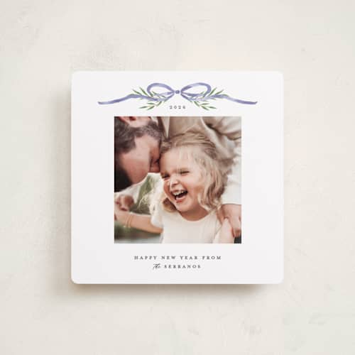 This is a french blue holiday photo cards with standard by Susan Zinader called bow topper printing on recycled smooth signature in square