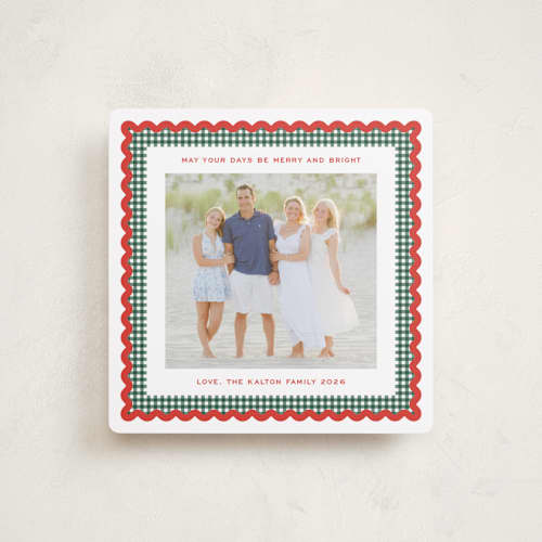 This is a mistletoe holiday photo cards with standard by Erin German called gingham fun printing on recycled smooth signature in square