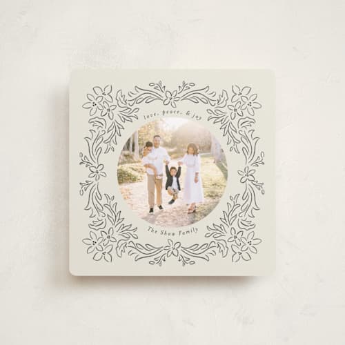 This is a charcoal holiday photo cards with standard by Jenny Millington called ornate floral printing on recycled smooth signature in square