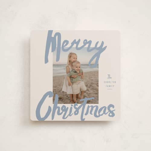 This is a dusty blue holiday photo cards with standard by Stacey Day called brushed printing on recycled smooth signature in square