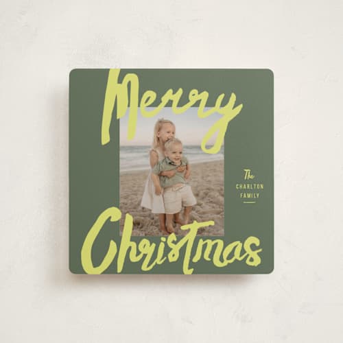 This is a chartreuse holiday photo cards with standard by Stacey Day called brushed printing on recycled smooth signature in square