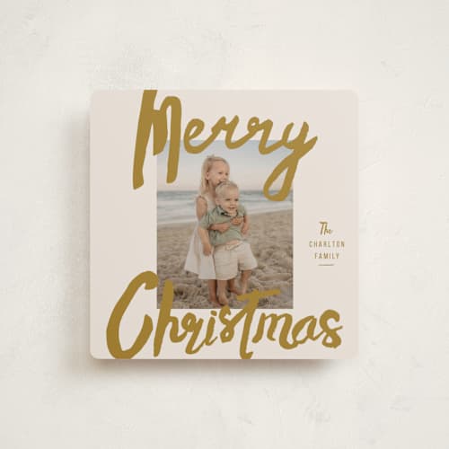 This is a camel holiday photo cards with standard by Stacey Day called brushed printing on recycled smooth signature in square