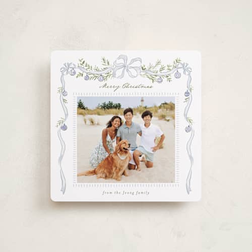 This is a icy blue holiday photo cards with standard by Everett Paper Goods called drape ribbon printing on recycled smooth signature in square