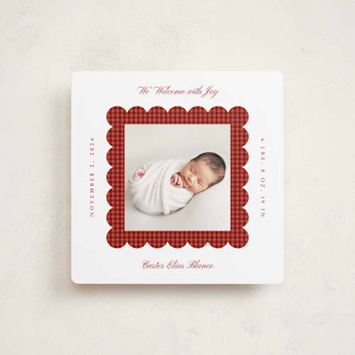 This is a cinnamon holiday photo cards with standard by Olivia Raufman called cozy gingham scallop printing on recycled smooth signature in square