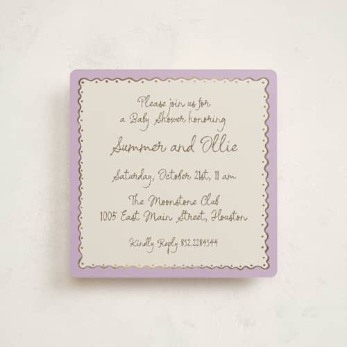 This is a lavender foil stamped baby shower invitations with foil pressed by Pati Cascino called sugar printing on signature in standard